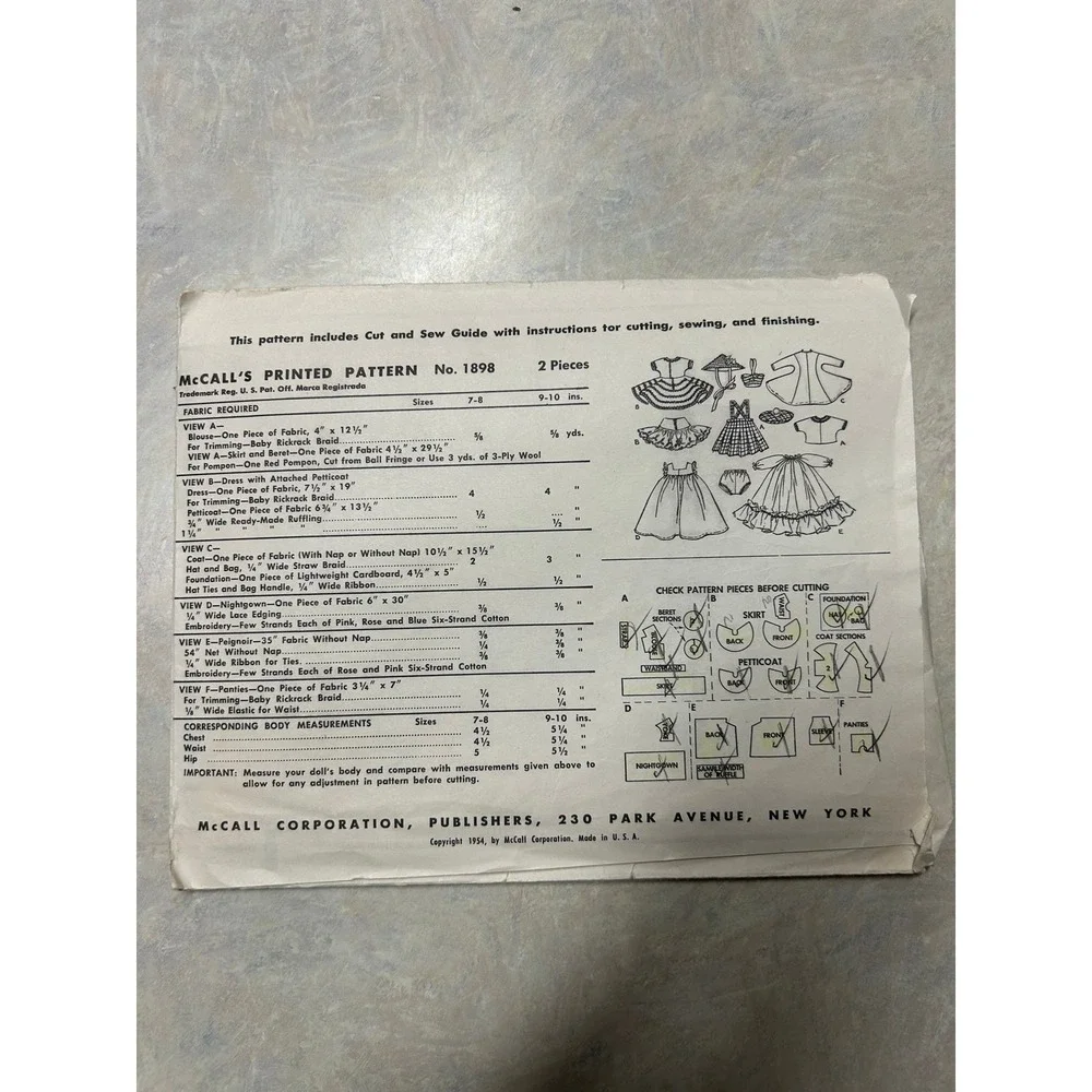 Vintage 1954 McCalls Pattern #1898 Doll Wardrobe 7-8